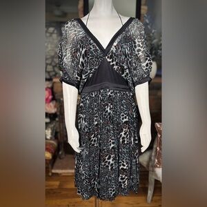 Tufi Duek Samira Sheer Blue Cheetah Open Back Chiffon & Satin Dress, Sz 6/8/10